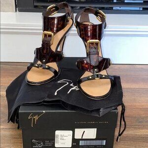 Giuseppe Zanotti Tortoise Shell Patent Leather T-Strap Sandal 39 EUC